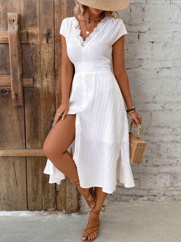 V-neck Lace Textured Shirt Fashion Dress - Image 2