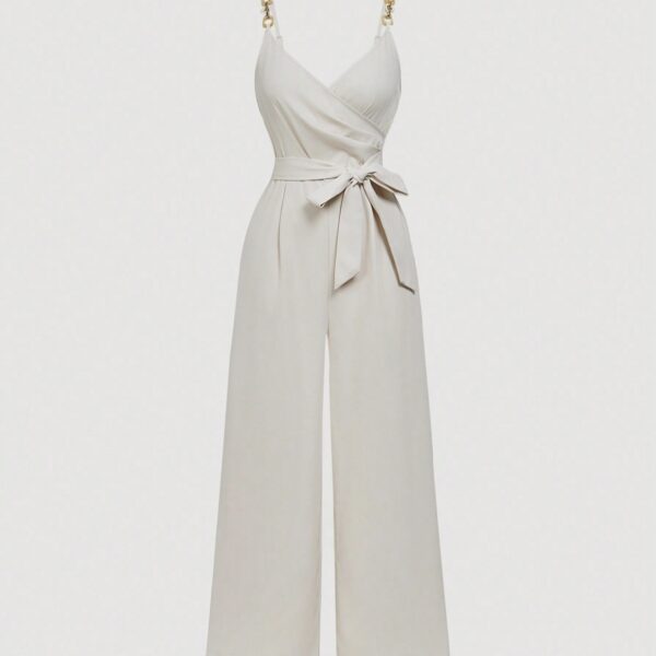Ladies' Solid Color Elegant V-neck Strap Buckle Shoulder Strap Jumpsuit - Image 2
