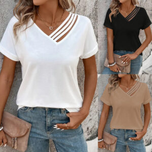 V-neck Slim-fit Short-sleeved Cross Collar Top