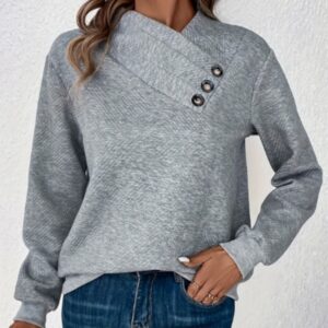 Women's Elegant Asymmetrical Hem Button-Front Long Sleeve Sweatshirt