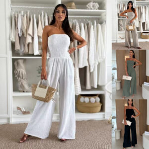 Double Layer Cotton Solid Color One Neck Pocket Waist Jumpsuit