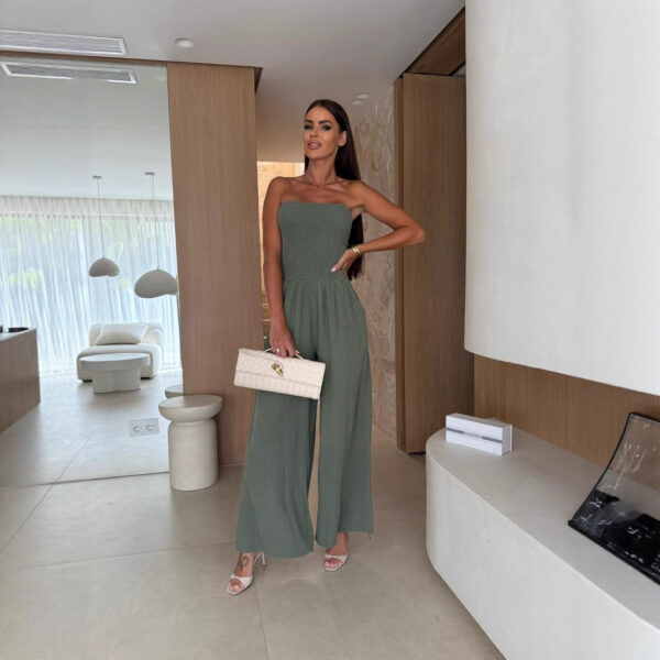 Double Layer Cotton Solid Color One Neck Pocket Waist Jumpsuit - Image 2