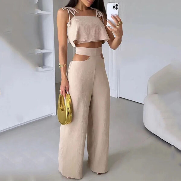 Cross-border Solid Color Sling Top Casual Hollow-out Trousers Suit - Image 2