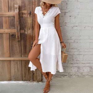 V-neck Lace Textured Shirt Fashion Dress