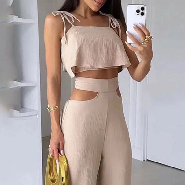 Cross-border Solid Color Sling Top Casual Hollow-out Trousers Suit - Image 3
