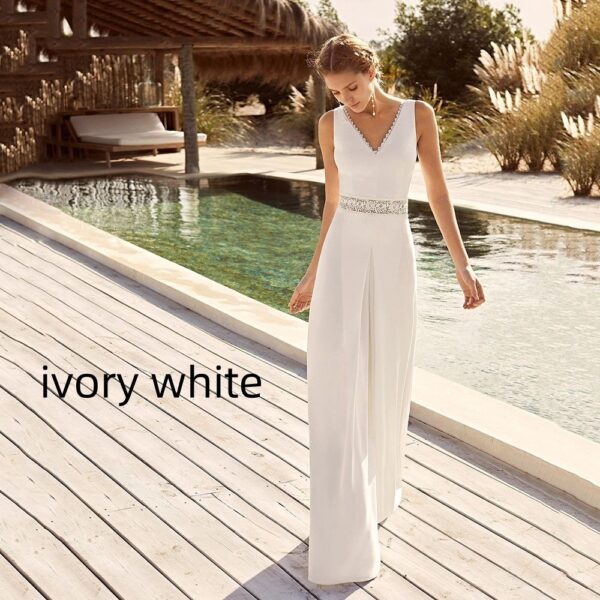 Women's Solid Color Casual V-neck Backless Jumpsuit - Image 3