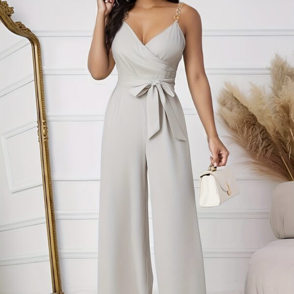 Ladies' Solid Color Elegant V-neck Strap Buckle Shoulder Strap Jumpsuit